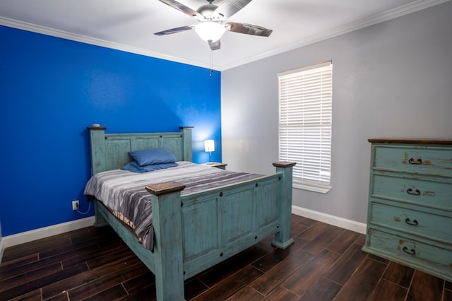 bedroom with a ceiling fan, wood finish floors, crown molding, and baseboards