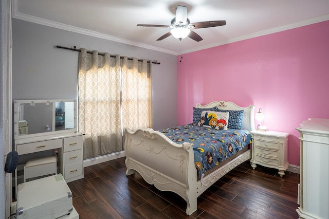 bedroom featuring ceiling fan, crown molding, baseboards, and wood finished floors