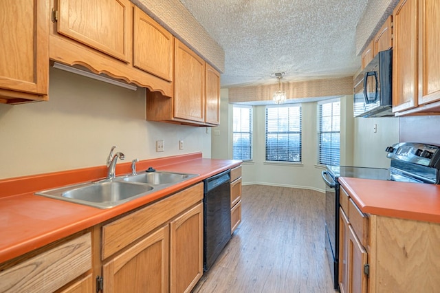 kitchen featuring black appliances, light hardwood / wood-style floors, sink, and a textured ceiling