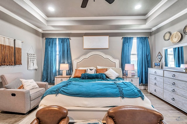 6811 W County Rd 41, Midland, TX 79707 - bedroom featuring a raised ceiling, light wood-type flooring, crown molding, and ceiling fan