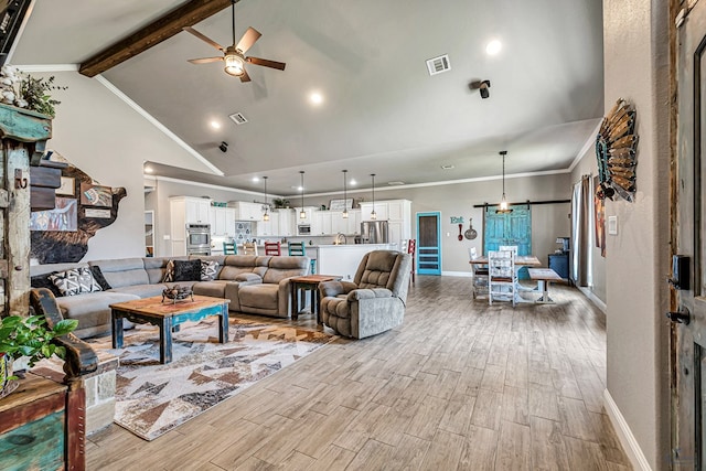 6811 W County Rd 41, Midland, TX 79707 - living room featuring a ceiling fan, wood finished floors, beam ceiling, recessed lighting, and crown molding