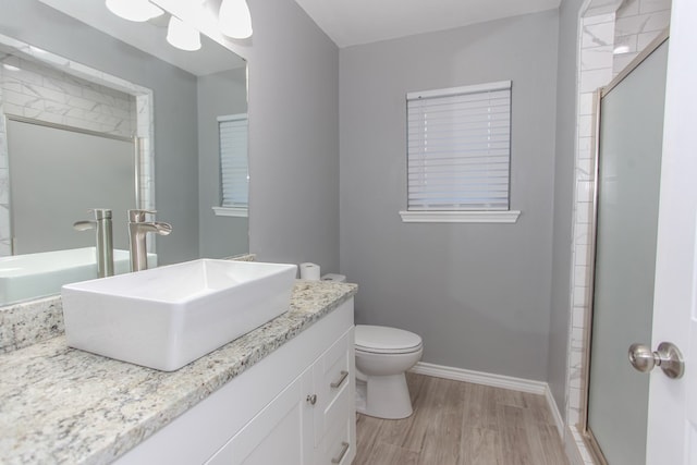 bathroom with a stall shower, baseboards, toilet, wood finished floors, and vanity