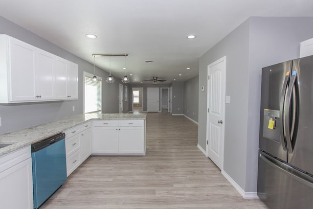 kitchen featuring appliances with stainless steel finishes, open floor plan, white cabinets, light wood-type flooring, and a peninsula