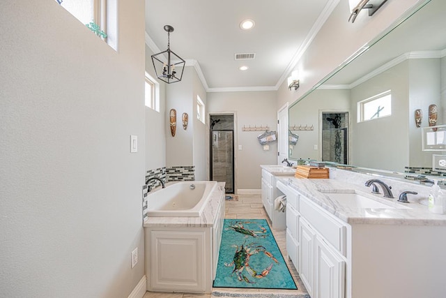 full bath with a stall shower, a sink, and visible vents