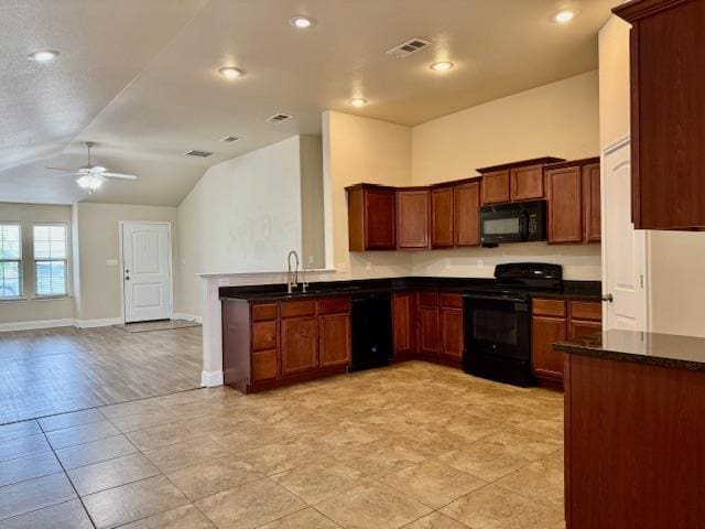606 Memorial Ct, Midland, TX 79706 - kitchen featuring black appliances, a ceiling fan, open floor plan, a sink, and vaulted ceiling