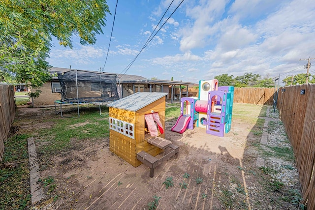 view of play area featuring a trampoline