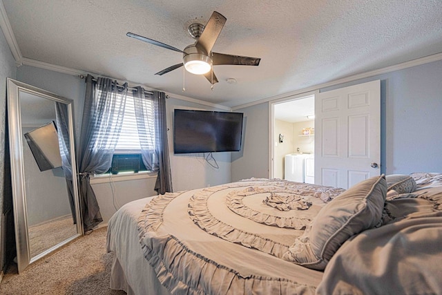 bedroom featuring carpet flooring, ceiling fan, a textured ceiling, and ornamental molding