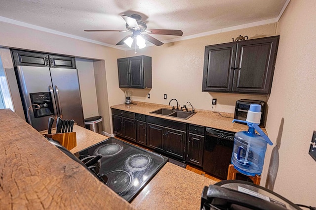 kitchen with ceiling fan, sink, crown molding, a textured ceiling, and black appliances