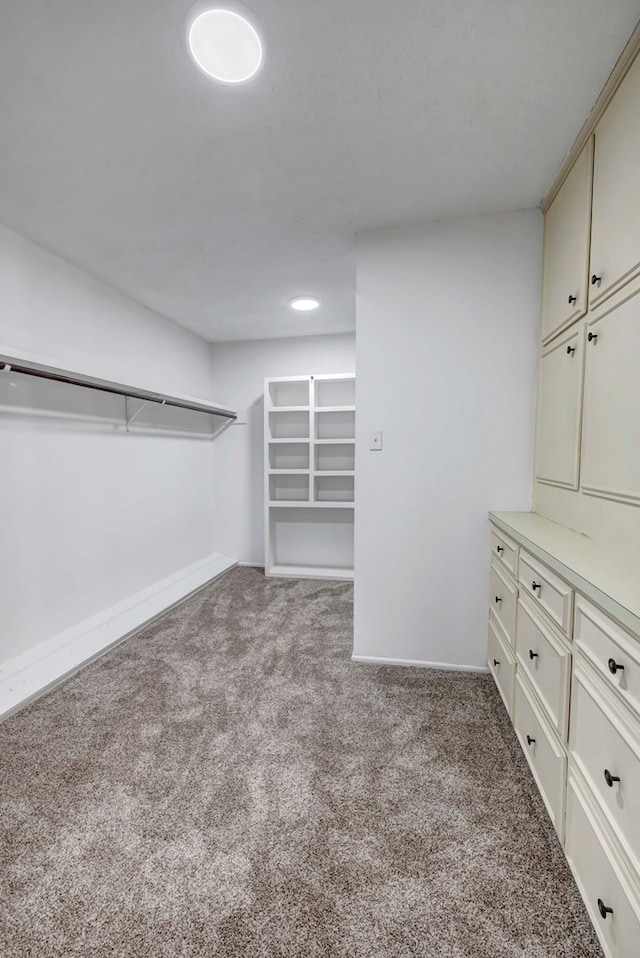 walk in closet featuring light colored carpet