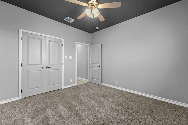 8514 Santa Isabella, Odessa, TX 79765 - unfurnished bedroom featuring carpet flooring, a closet, visible vents, baseboards, and ceiling fan