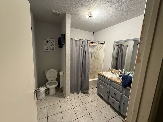 106 Walcott, Midland, TX 79701 - bathroom featuring tile patterned flooring, toilet, vanity, shower / tub combo, and a textured ceiling