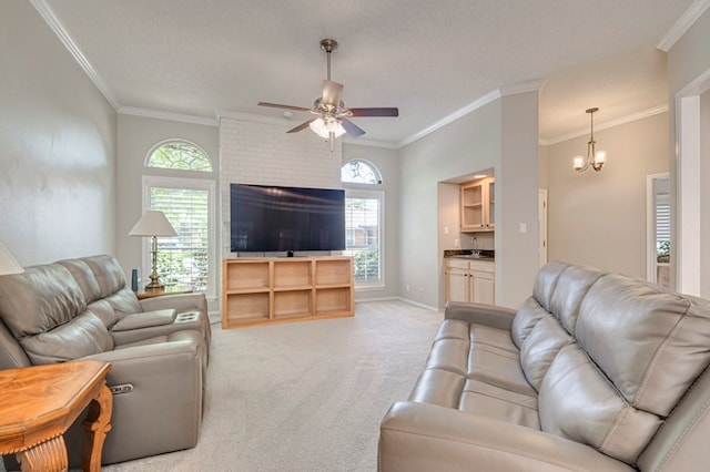 1608 Castleford Rd, Midland, TX 79705 - living area featuring baseboards, ornamental molding, ceiling fan with notable chandelier, and light colored carpet