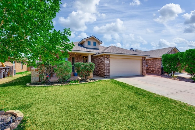 view of front of house featuring roof with shingles, an attached garage, a front lawn, brick siding, and driveway