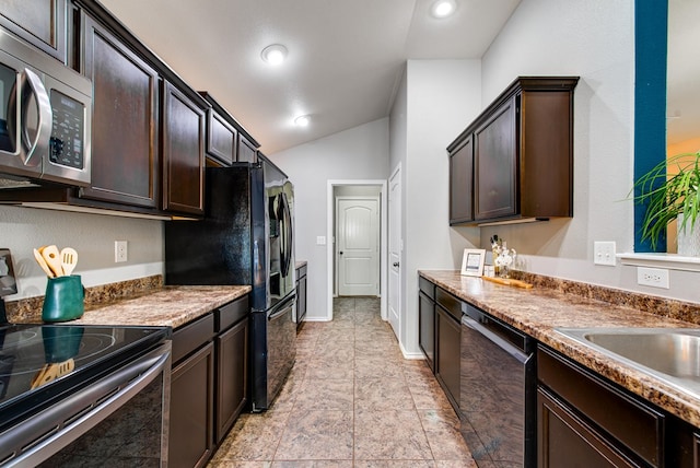 kitchen featuring recessed lighting, dark brown cabinetry, vaulted ceiling, and stainless steel appliances
