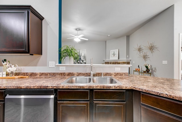 kitchen featuring a sink, a ceiling fan, dishwasher, and dark brown cabinetry
