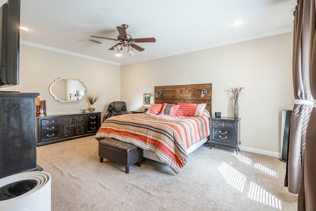 carpeted bedroom featuring recessed lighting, visible vents, baseboards, and ornamental molding