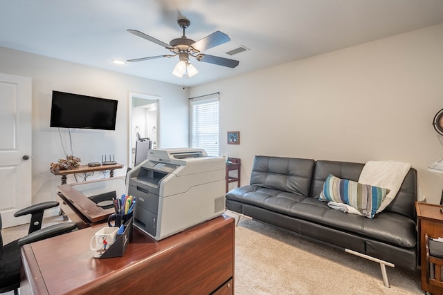 living room featuring visible vents, recessed lighting, and a ceiling fan