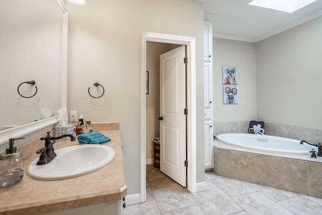 full bathroom with tile patterned floors, a skylight, crown molding, and a garden tub