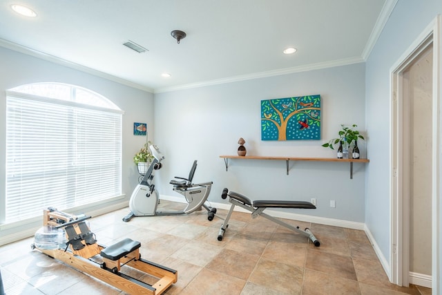 exercise area featuring tile patterned flooring, visible vents, baseboards, ornamental molding, and recessed lighting