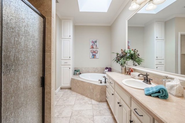 full bath with a stall shower, a skylight, crown molding, a bath, and vanity