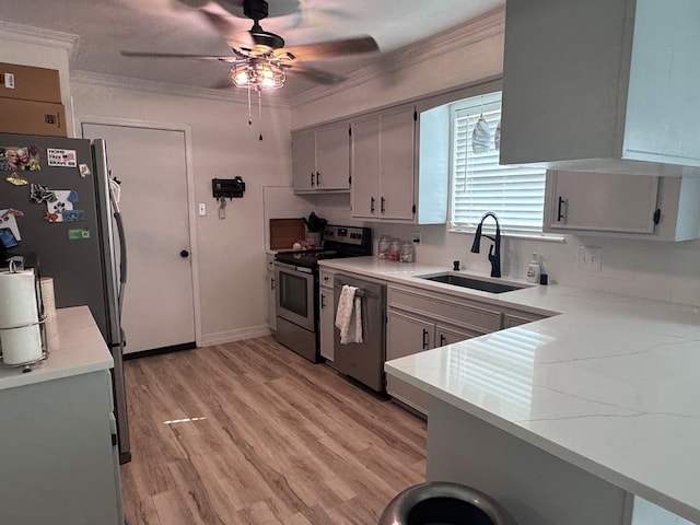 3212 Fannin Ave, Midland, TX 79705 - kitchen featuring stainless steel appliances, ornamental molding, a ceiling fan, and light wood-type flooring