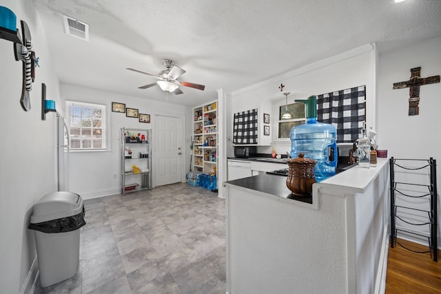 407 Edwards Blvd, Big Spring, TX 79720 - kitchen featuring ceiling fan, a textured ceiling, white cabinets, a peninsula, and dishwasher