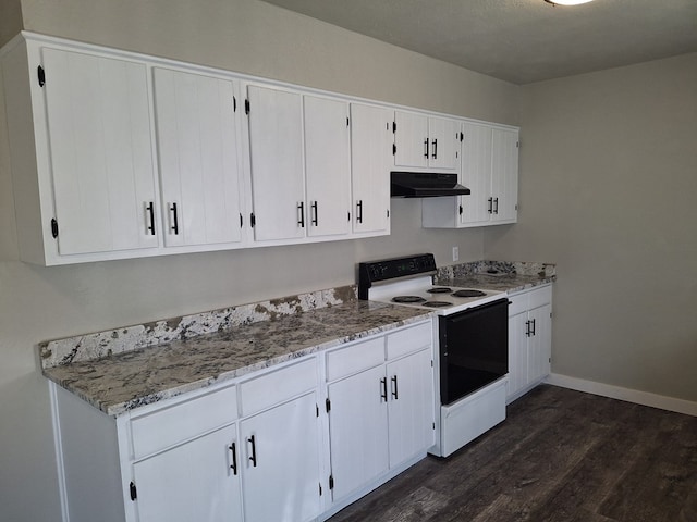 4011 Houston Ave, Snyder, TX 79549 - kitchen featuring dark wood-type flooring, under cabinet range hood, electric range, light stone counters, and white cabinets