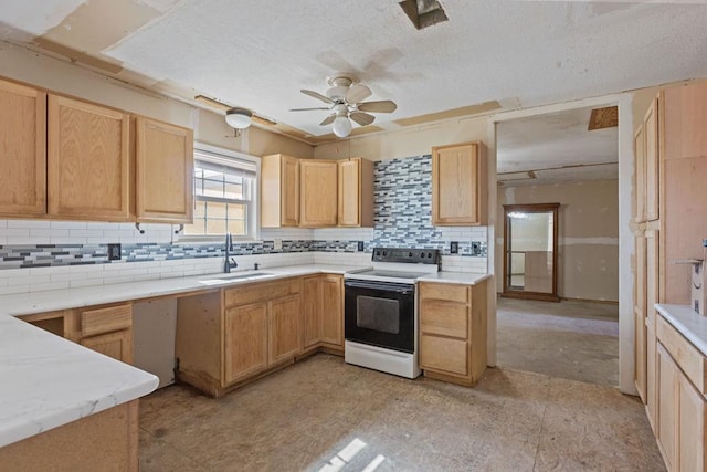 kitchen featuring light brown cabinetry, electric range oven, sink, and tasteful backsplash