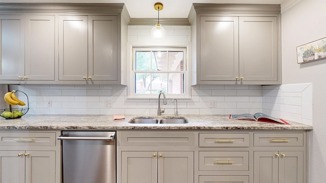 kitchen with backsplash, gray cabinets, a sink, and dishwasher