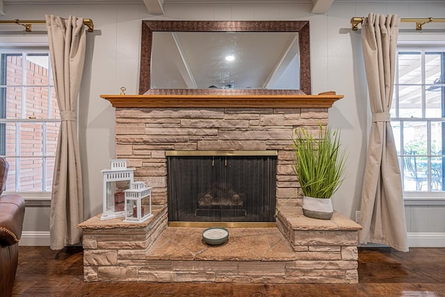 room details featuring baseboards, wood finished floors, and a fireplace