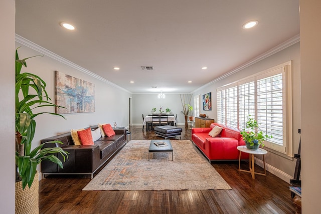 living area with crown molding, recessed lighting, and dark wood-style floors