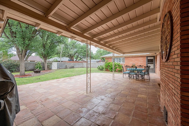 view of patio featuring a fenced backyard and outdoor dining space