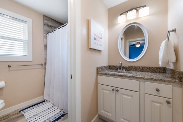 905 Ridgeway, Burnet, TX 78611 - bathroom with vanity, wood finished floors, and curtained shower
