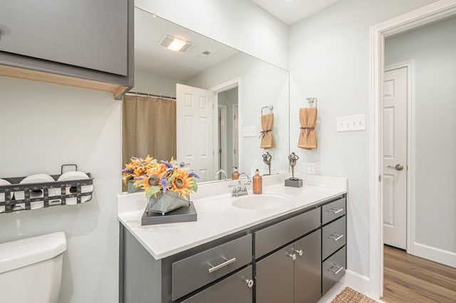 bathroom featuring vanity, toilet, and wood-type flooring