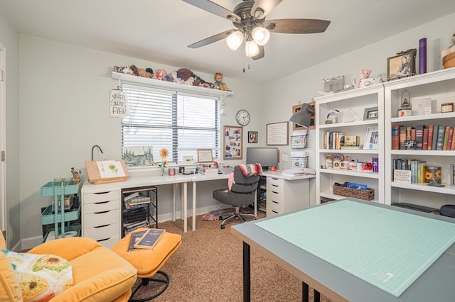 home office with carpet and ceiling fan