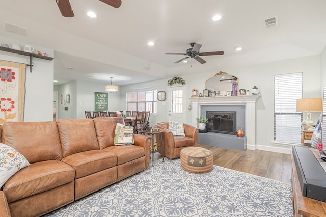 living room with ceiling fan and light wood-type flooring