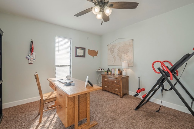 office area with ceiling fan and carpet floors