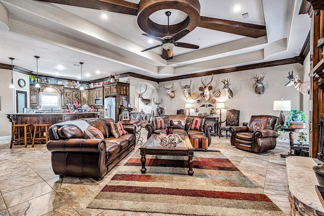 1210 S County Rd 1117, Midland, TX 79706 - living area featuring ornamental molding, ceiling fan, a raised ceiling, recessed lighting, and baseboards