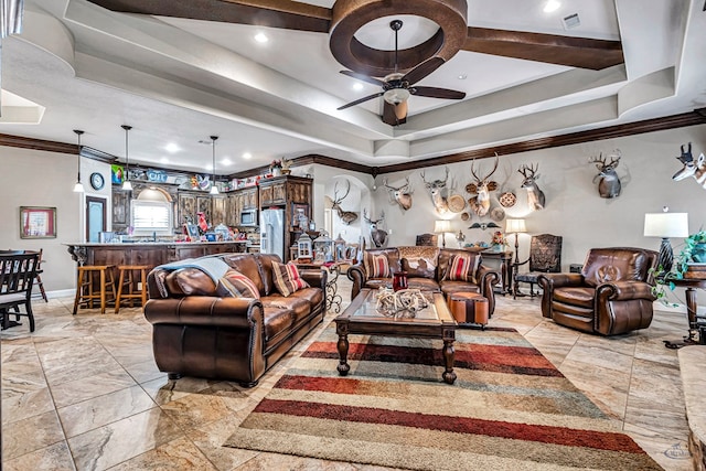 1210 S County Rd 1117, Midland, TX 79706 - living area with a ceiling fan, ornamental molding, a raised ceiling, light marble finish flooring, and baseboards
