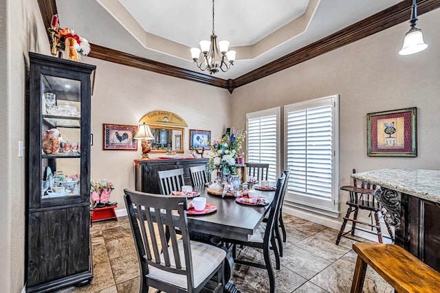 1210 S County Rd 1117, Midland, TX 79706 - dining area featuring a chandelier, crown molding, baseboards, and a raised ceiling