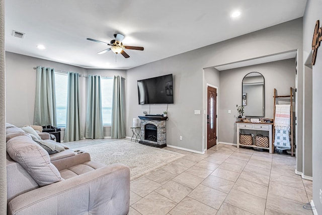 1321 Pine Ave, Midland, TX 79705 - living area with a ceiling fan, recessed lighting, and a fireplace