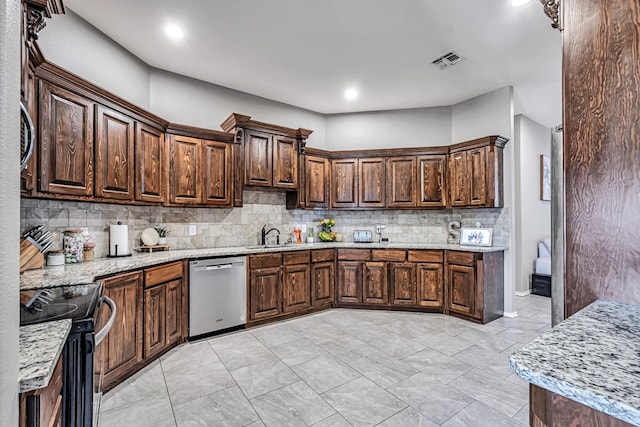 1321 Pine Ave, Midland, TX 79705 - kitchen featuring stainless steel dishwasher, electric range, backsplash, light stone counters, and dark brown cabinets