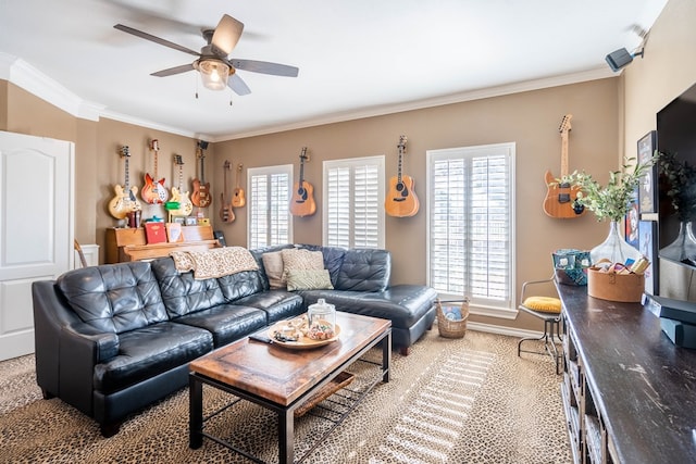 carpeted living room featuring ceiling fan and ornamental molding