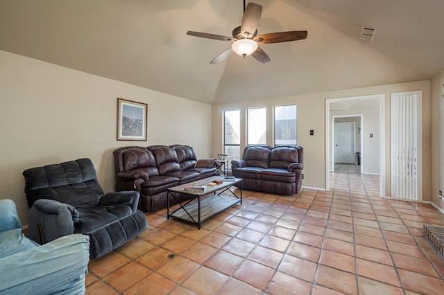 living area featuring visible vents, light tile patterned flooring, ceiling fan, high vaulted ceiling, and baseboards