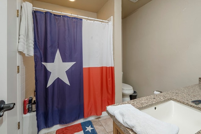 full bath featuring a shower with shower curtain, tile patterned flooring, and vanity