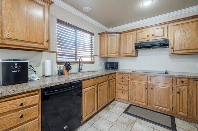 kitchen featuring ornamental molding, light stone countertops, under cabinet range hood, black appliances, and a sink