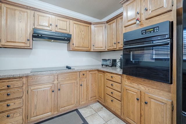 kitchen featuring light stone counters, under cabinet range hood, black appliances, and light tile patterned floors