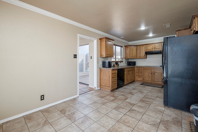 kitchen featuring crown molding, black appliances, a textured ceiling, under cabinet range hood, and baseboards