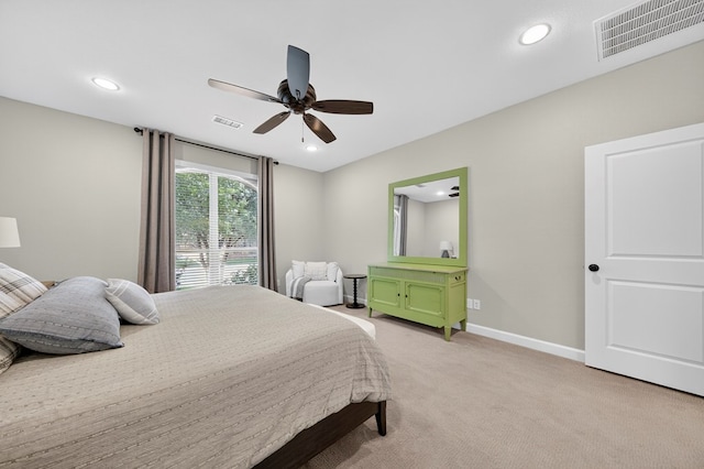 6113 Turtle Creek Rd, Midland, TX 79707 - bedroom with light colored carpet, recessed lighting, and ceiling fan