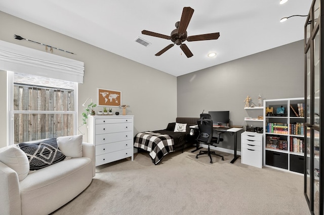 6113 Turtle Creek Rd, Midland, TX 79707 - carpeted bedroom featuring an office area, recessed lighting, and a ceiling fan